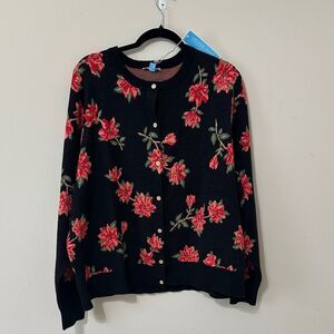 NWT Draper James RSVP Poinsettia Red Black Crewneck Rayon Blend Cardigan Sweater